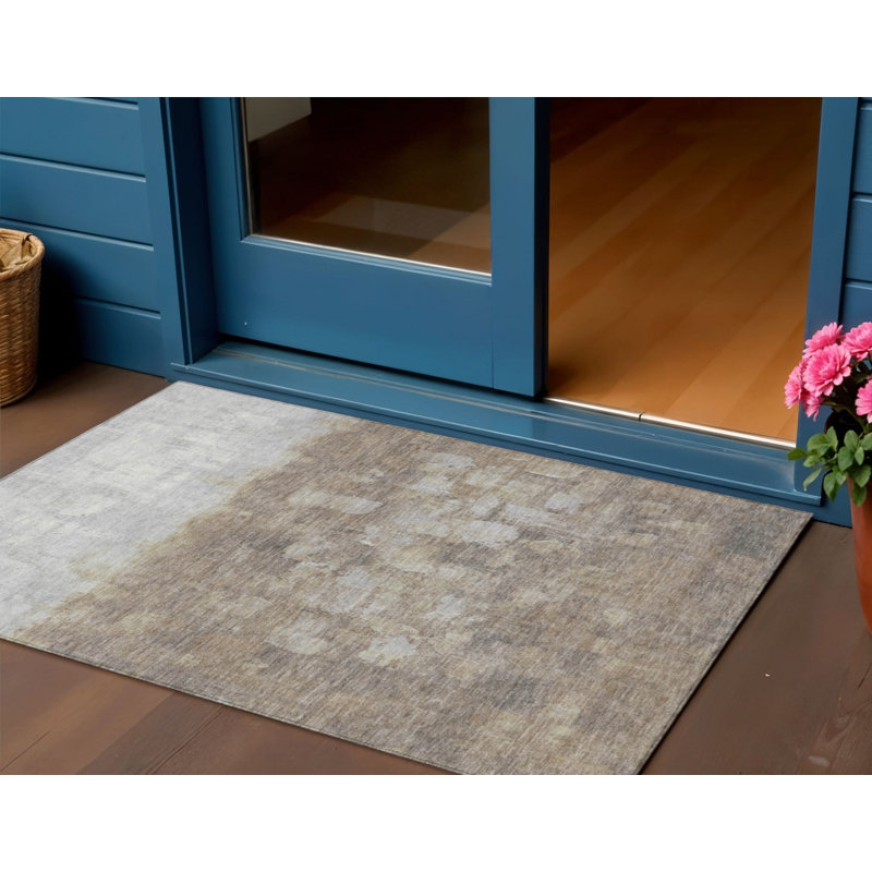 Taupe And Silver Abstract Washable Indoor Outdoor Area Rug, Rectangle 3' x 5'