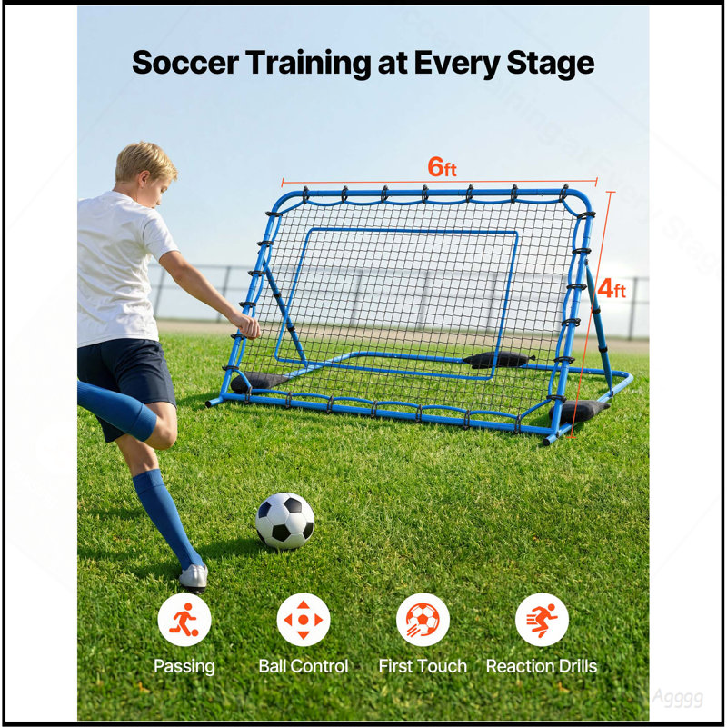 Filet de soccer rebondissant, rebondisseur de but de soccer à angle à changement rapide pour le contrôle, la pratique du dépassement, structure en fer robuste et filet de polyéthylène, équipement et équipement d'entraînement de balle facile à installer pour les adolescents et les adultes, 6 x 4 pi