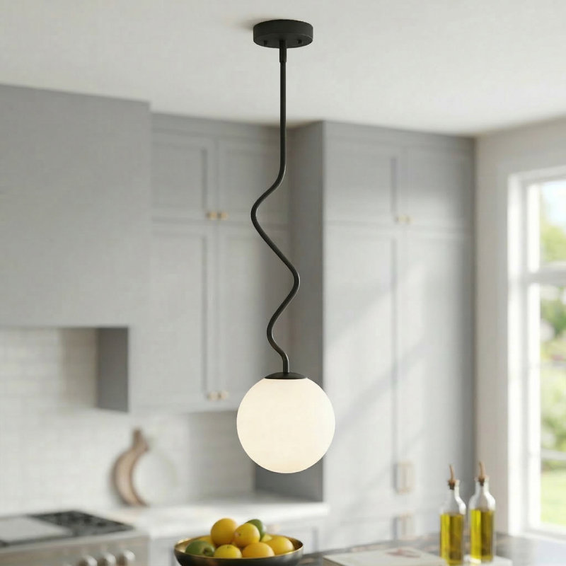 S-Curve Globe Pendant with White Jade Glass, Matte Black