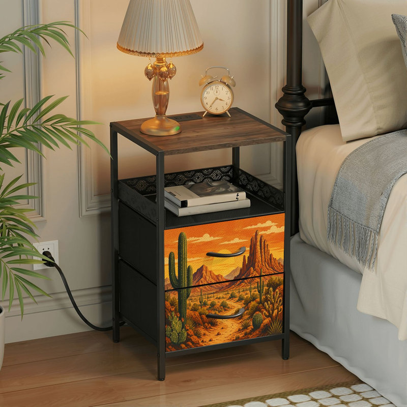 Table de chevet 2 tiroirs avec station de charge, table de chevet pour chambre avec ports USB et amp; Imprimé noir Outlet