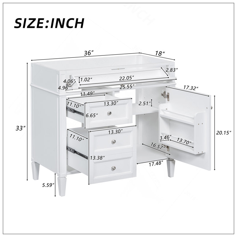 Meuble-lavabo de 36 po sans lavabo supérieur, armoire de rangement moderne avec 2 tiroirs et un tiroir basculant, structure en bois massif
