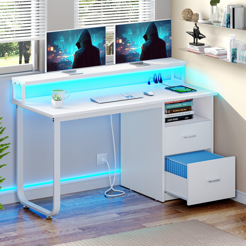 Broddrick 47.2'' Writing Desk with Charging Station & LED Light, White