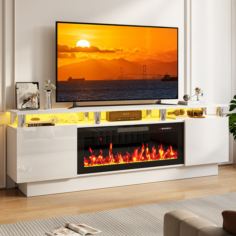 Meuble télé avec foyer électrique Alazik, Blanc / argenté, Noir, 24”H x 14”L x 70”W