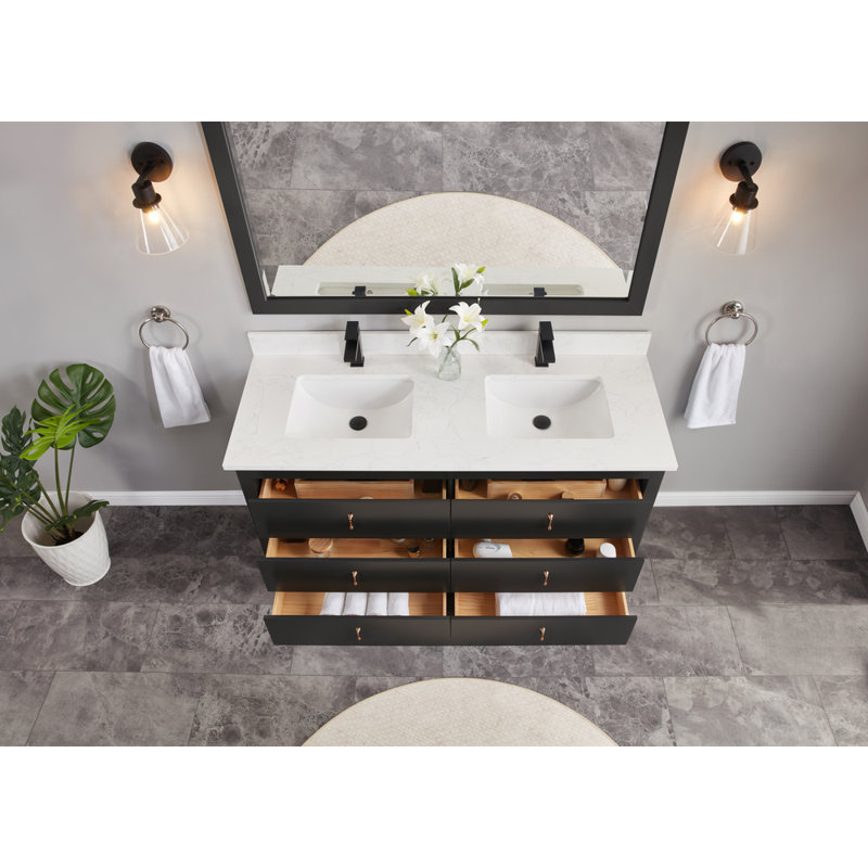 60" Solid Wood Sink Vanity  With 1' Artificial Stone Top, Tricon Black