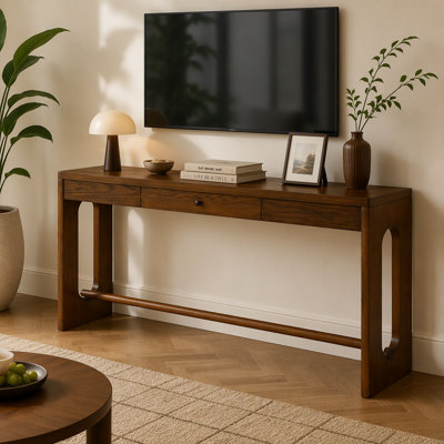 U_Style 59,8 po Table d'entrée en bois avec placage de chêne Console rétro avec tiroir et poignée ronde, table de canapé multifonctionnelle avec pied ovale pour le couloir, l'entrée et le salon