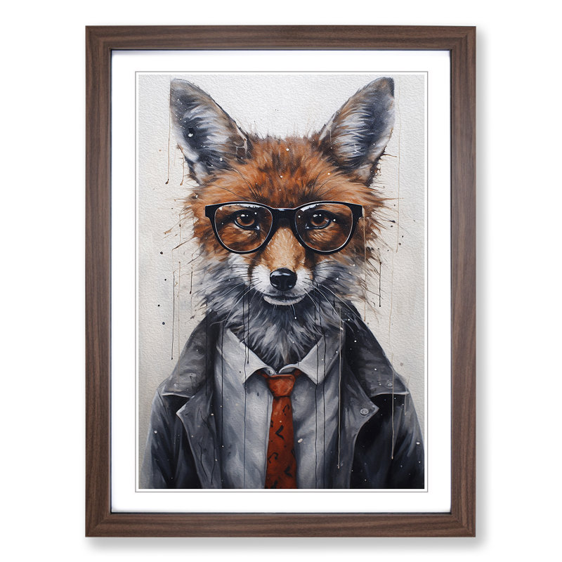 Fox With Glasses - Single Picture Frame Print on Wood, Walnut, 34cm H x 25cm W x 2cm D