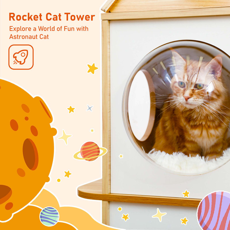 54'' Natural and White Wood Rocket Cat Tower with Condos