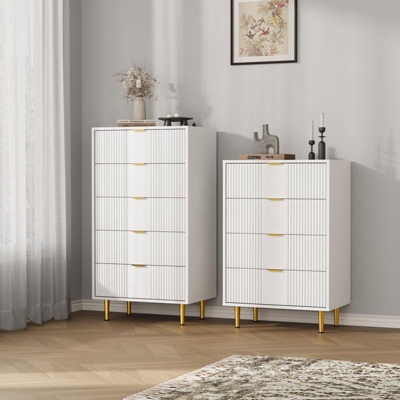 Fluted Dresser for Bedroom with Drawers, Tall Modern Chest of Drawers with Metal Handle, Wooden Closet Clothes Storage Organizer