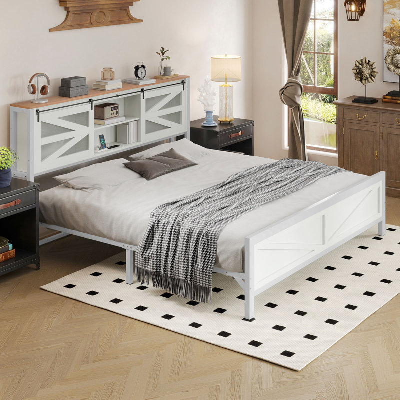 Metal Platform Bed  with Bookcase Headboard and LED Lights, Beige, King