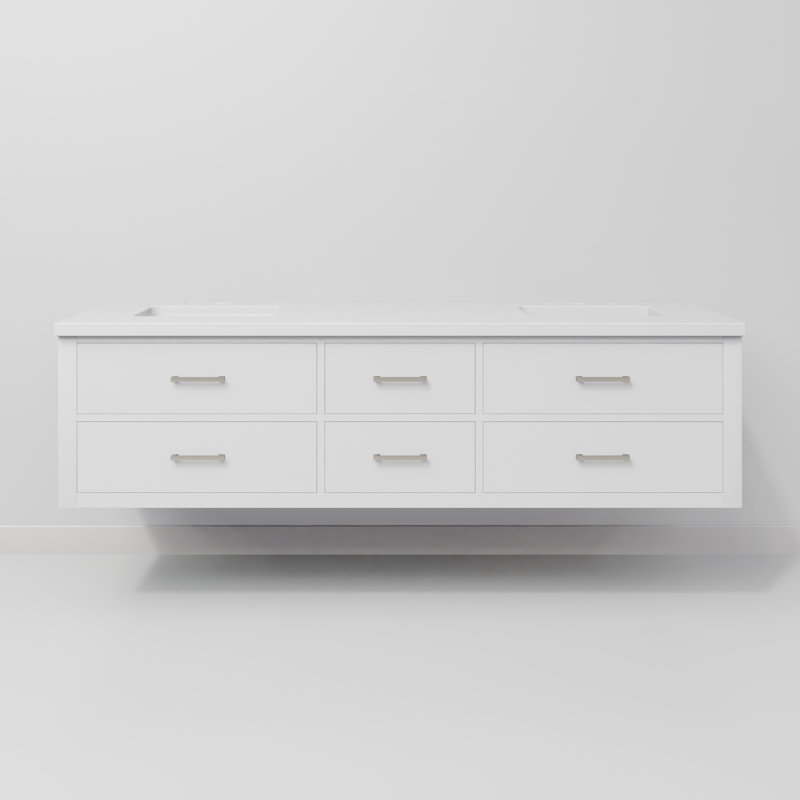 Castor 72" Wall Mounted Double Bathroom Vanity Set, White, White Cultured Marble