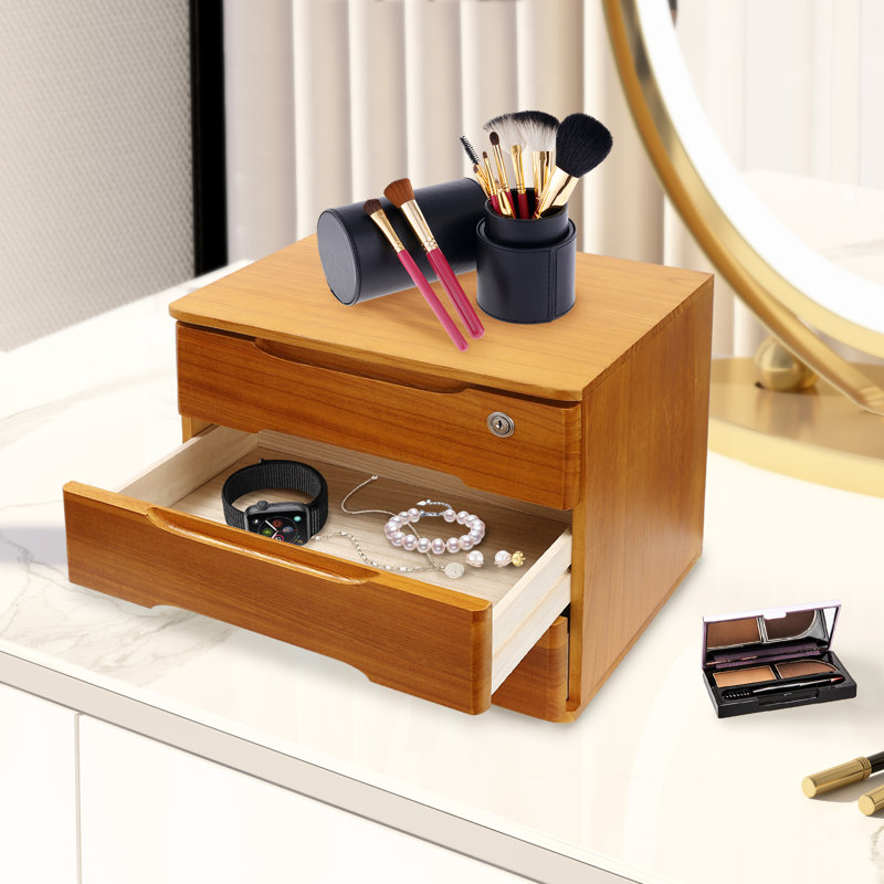 Boîte de rangement de bureau en bois à 3 niveaux avec tiroirs, Brun