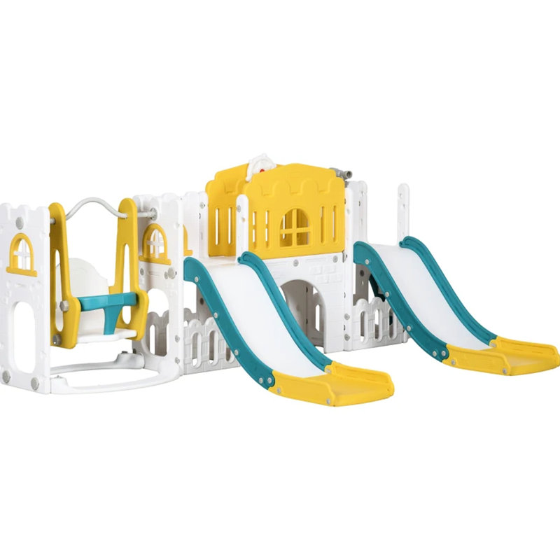 Toboggan et balançoire, 81 avec 2 toboggans, Grimpeur, Balançoire, Allée, Rangement, Télescope, Tunnel, Cerceau, Espace de rangement