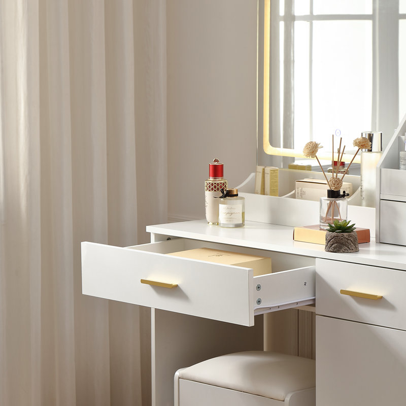  Bureau de coiffeuse avec 3 couleurs à DEL, prise de courant et organisateur de maquillage, table de maquillage avec fauteuil confortable et support pour sèche-cheveux, blanc