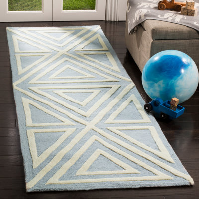 Tapis bleu / ivoire en laine touffeté à la main à motif géométrique Krystyna