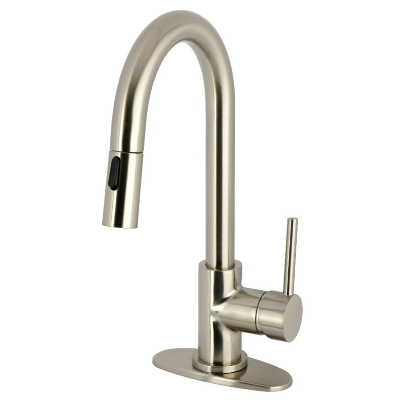 Kingston Brass Concord One-Handle 1-Hole Deck Mount Bar Faucet With Pull Down Sprayer, Brushed Nickel