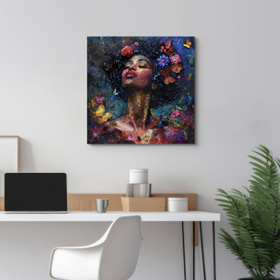 Elegance Feminine African American Girl's Portrait Bedroom Dark Moody Artwork Framed Canvas Print Wall Art