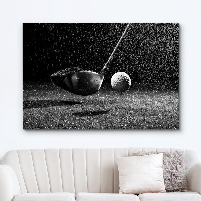 Décoration murale photographie noir et blanc or club et balle de golf garçons, H 24 po x l 36 po