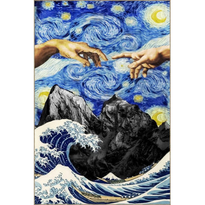 Blue Themed Surrealist Design Hand And Mountain Patterned Modern Decorative Carpet