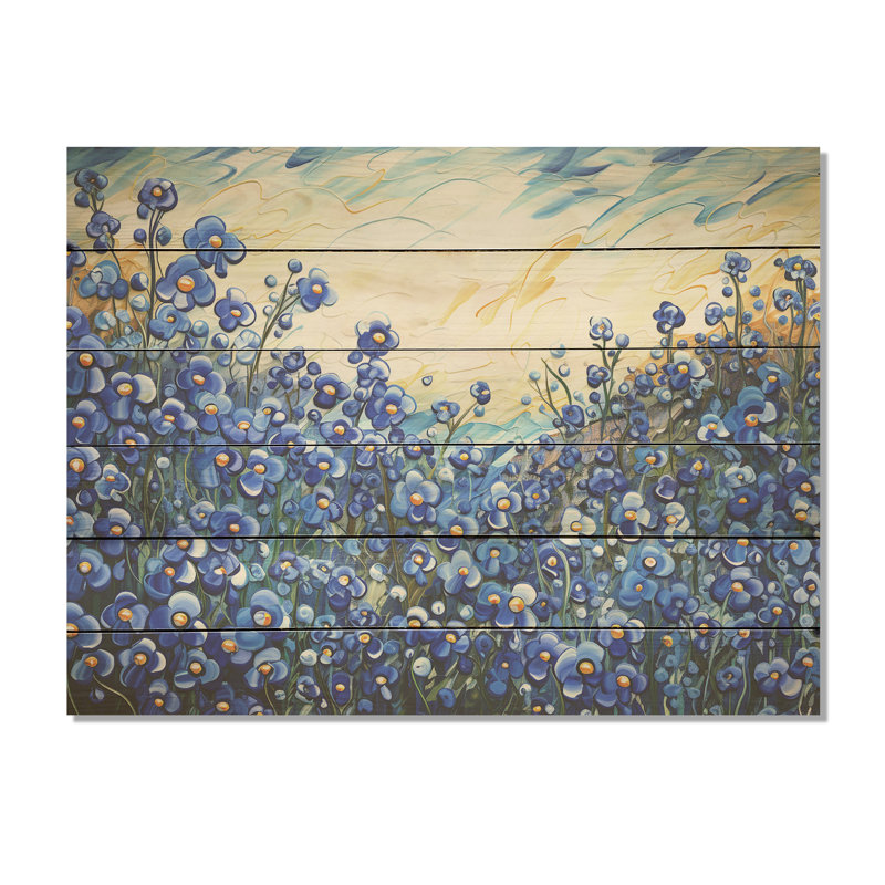 «Calming Blue Bonnets Floral Field», art mural en bois sur fond de pin naturel, H 10 po x l 20 po