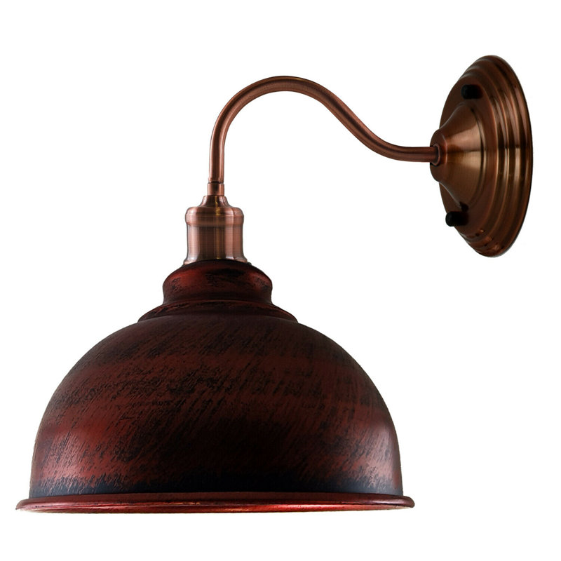 Springboro Vintage Industrial Armed Wall Sconce — Black Metal with Gold Inner Dome Shade, E27 Holder, Rustic Red
