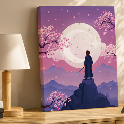 Toile, paysage serein stylisé mettant en vedette une silhouette solitaire habillée en art mural, Samurai traditionnel, debout sur une toile