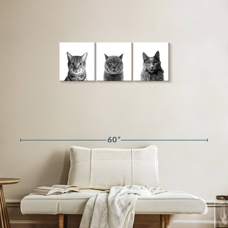 Trois chats, reproduction sur toile, H 12 po x l 38 po x P 1,25 po