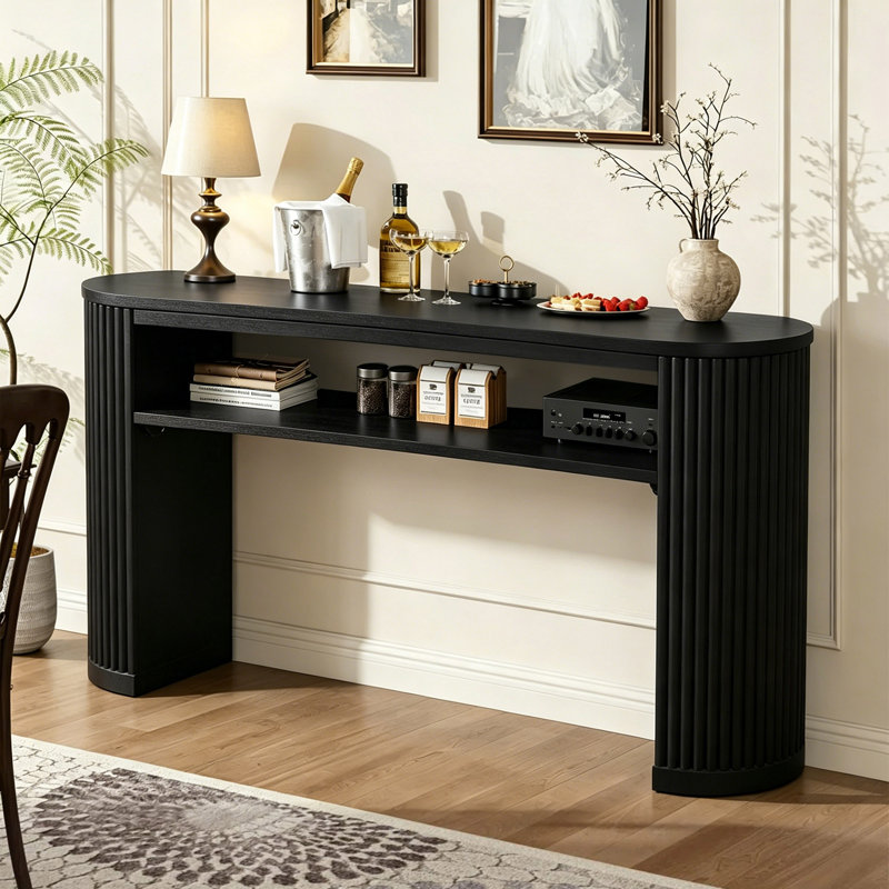 Farmhouse Oval Console Table Accent Table With Open Shelf And Curved Legs For Entryway Hallway, Black