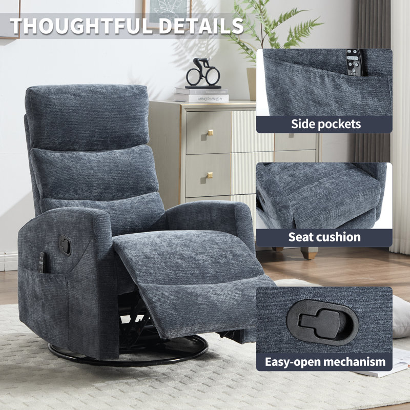 Heat Massage Manual Recliner Chair With Rocker And Swivel In Fabric For Living Room, Blue