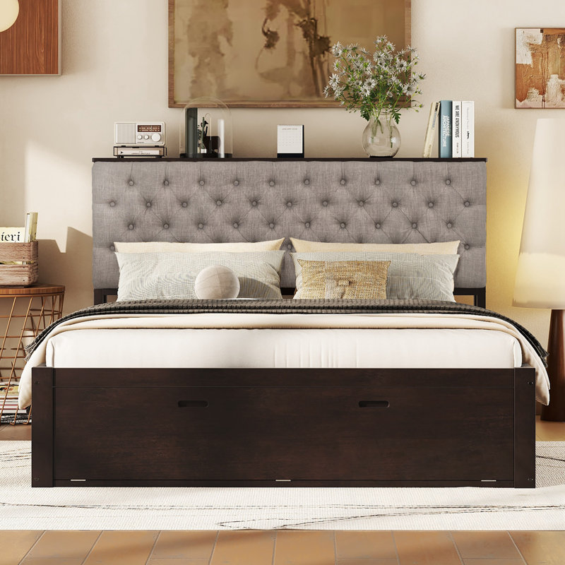 Grand lit plateforme en bois avec tête de lit, étagère à chaussures et 4 tiroirs, Espresso