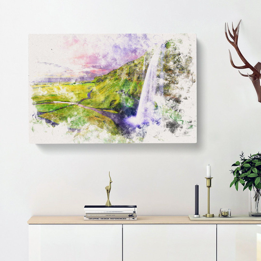 Seljalandsfoss Waterfall Iceland Watercolour - Wrapped Canvas