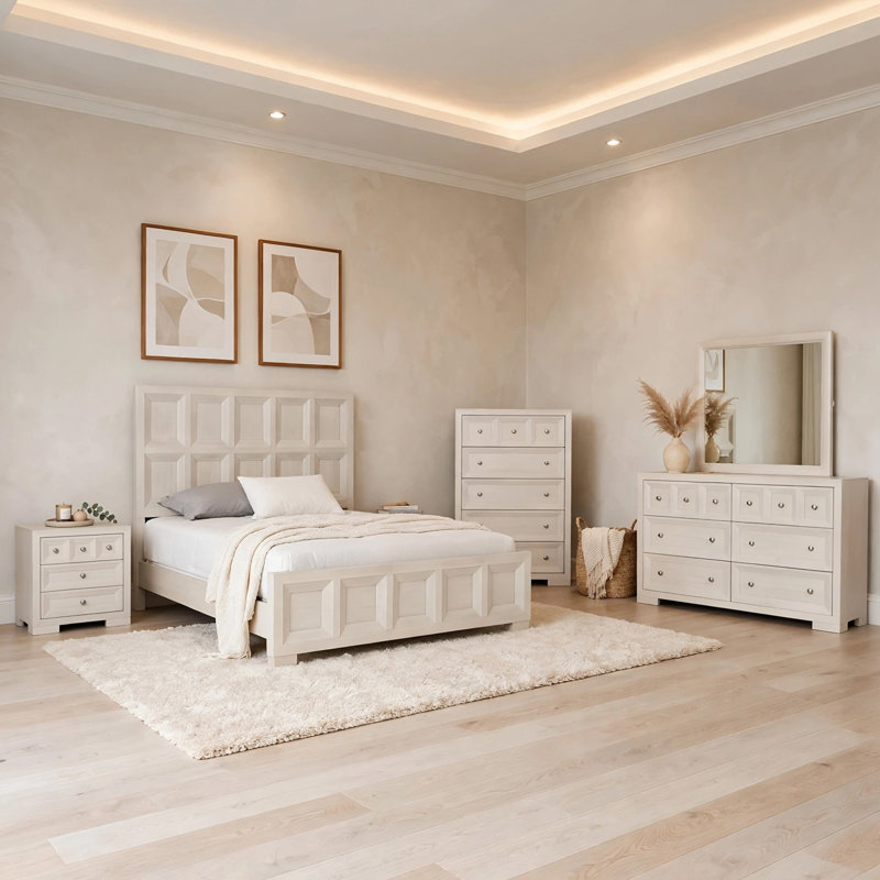 Ensemble de chambre avec grand lit, table de chevet, commode et commode Kizie
