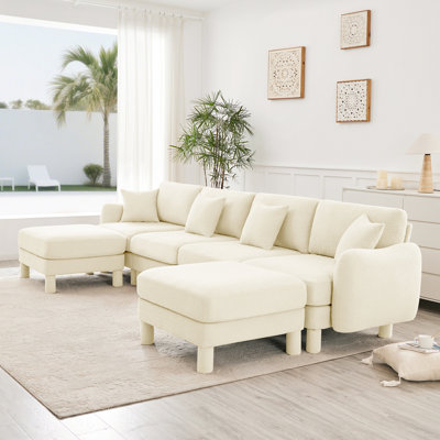Boucle Fabric U Shape Sectional 4-seater Sofa Couch With Distinctive Shell-shaped Armrests And 2 Movable Ottomans,Cylindrical Legs Wrapped with Self-fabric