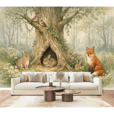 Papier peint à peler et coller, fantaisiste, scène de forêt, lapins, renards, grand arbre, peintures murales à l'aquarelle douce, H 69 po x l 96 po, papier peint amovible en PVC, adhésif mural pour chambre à coucher, bureau à domicile