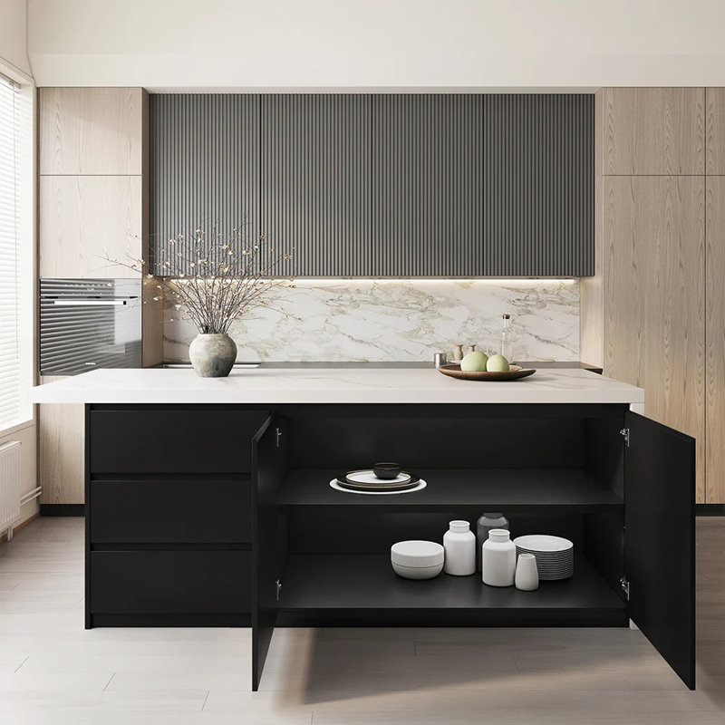 Kitchen Island with Storage, 72'' Kitchen Storage Island with 3 Drawers, Island Table with Adjustable Shelves,Buffet Sideboard Cabinet for Dining Room,Black