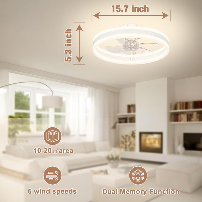 Ventilateurs de plafond à profil bas de 15,7 pouces avec lumières et télécommande, Blanc