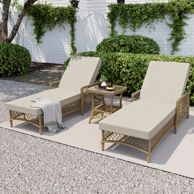 Kyla Lindenwold 3-Piece Wicker Patio Chaise Lounges With Side Table And Beige Cushions