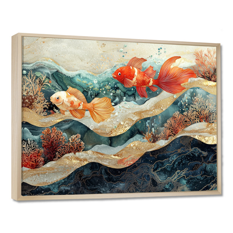 Coatal Fish Friends Above A Coral I - art mural corail, H 34 po x l 44 po, Cadre flottant, Crème, crème