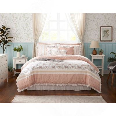 9 Piece Cotton Percale Comforter Set With Design And Lace Embellishments, Queen Size