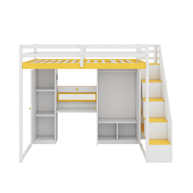 Lit mezzanine avec escalier de rangement, coiffeuse intégrée et garde-robe et armoires, lit mezzanine moderne avec miroir, charge USB et lumières