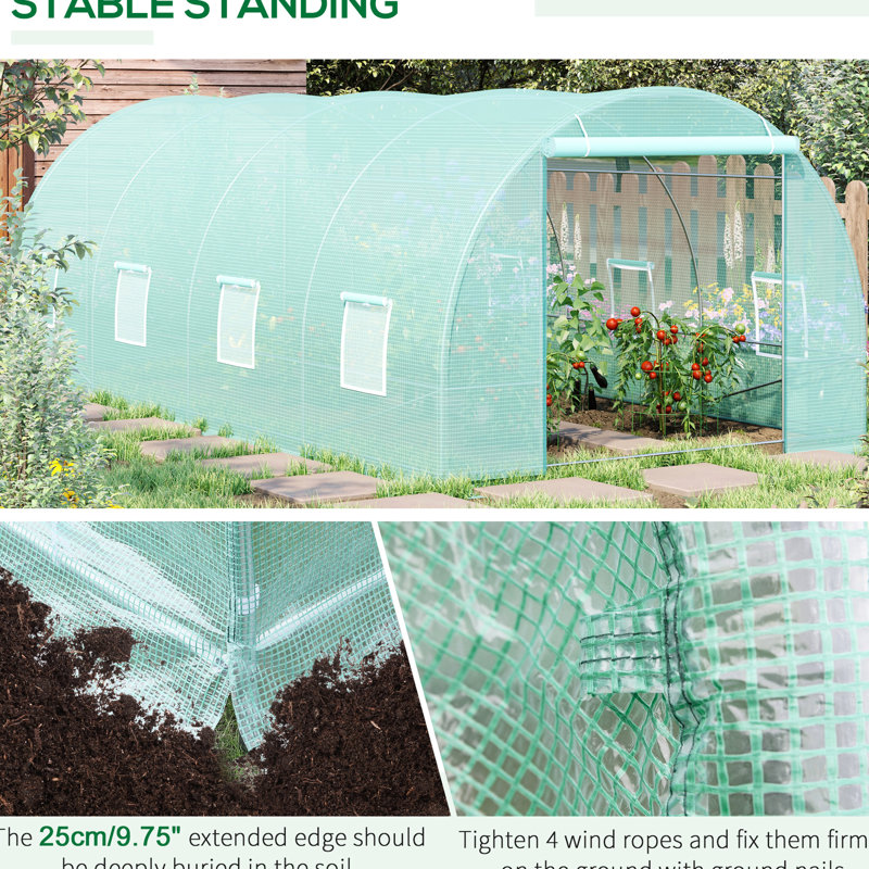 20' X 10' 7' Greenhouse, Steel Frame, 8 Windows & Door, Plants In Garden Greenhouse Kit, With Frame Windows, Stable