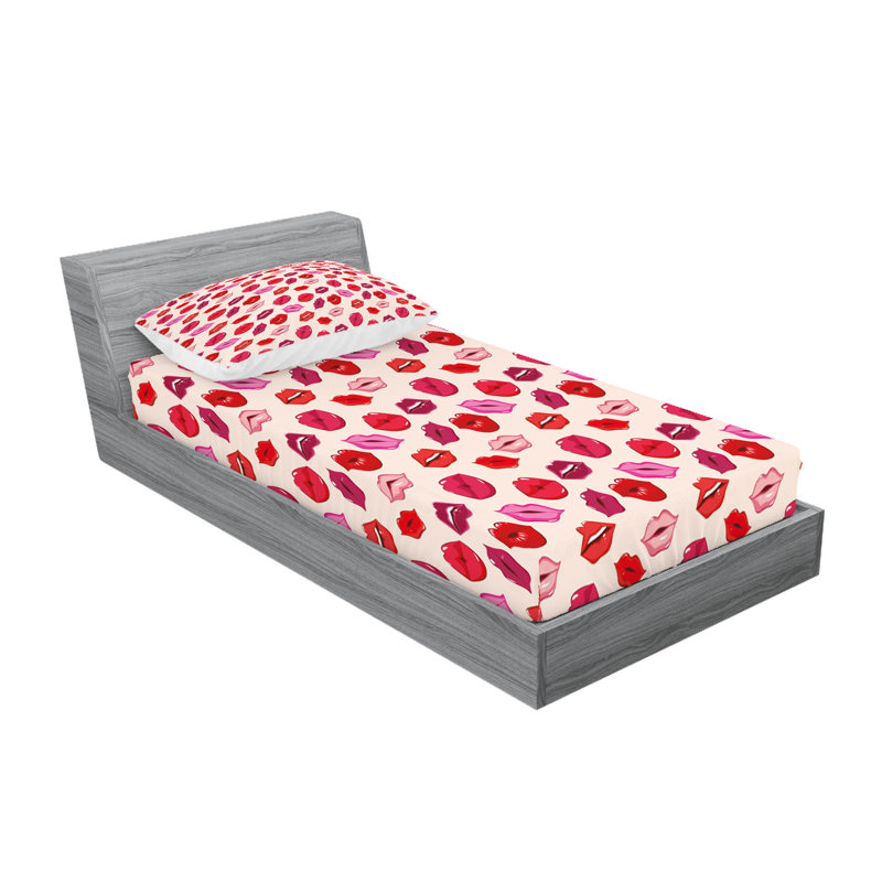 Ambesonne Kiss Fitted Sheet & Pillow Sham Pale Rose and Multicolor, Twin Extra Long Sheet Set + 3 Additional Pieces