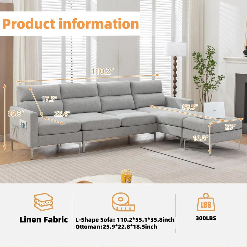 Canapé-lit modulaire en U Mercer41, Coton gris