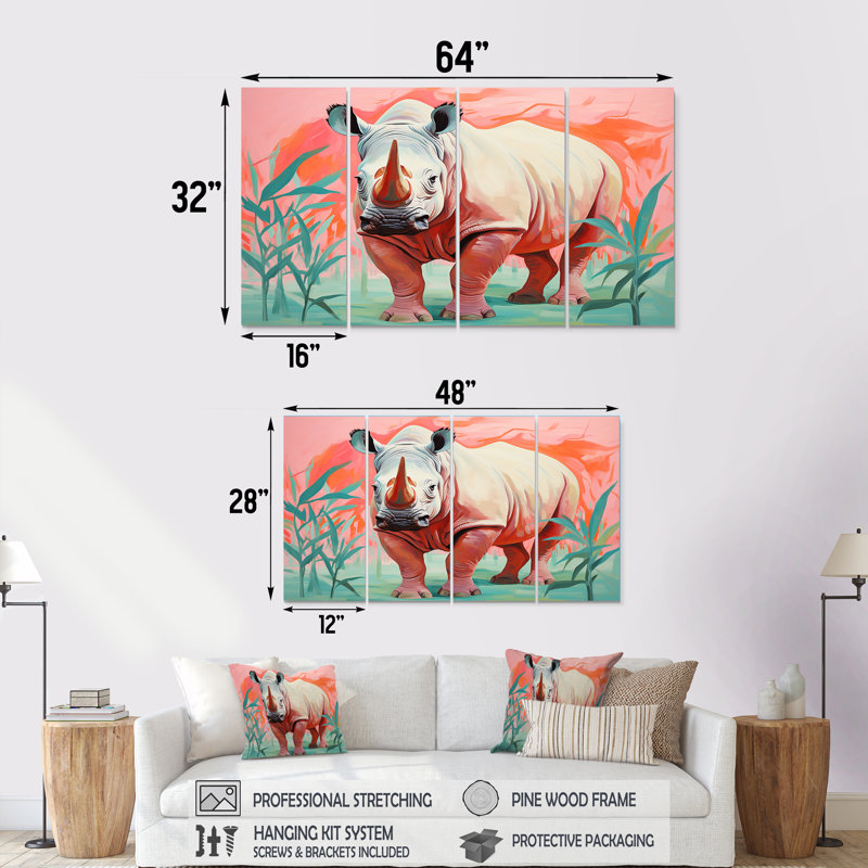 Rose et vert, Rhino Paradise III - Rhinocéros, ensemble de 4 pièces d'art mural, H 28 po x l 48 po