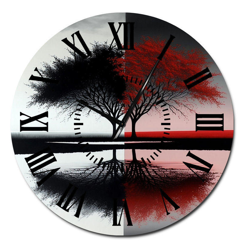 Red And Black Abstract Trees By The Lake - Landscape Forest Black Face Wall Clock, Oversized