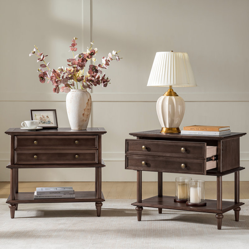 Hicks 28.4"W Solid Wood 1-Drawer Nightstand with Built-In Outlets and USB Ports Set of 2, Walnut