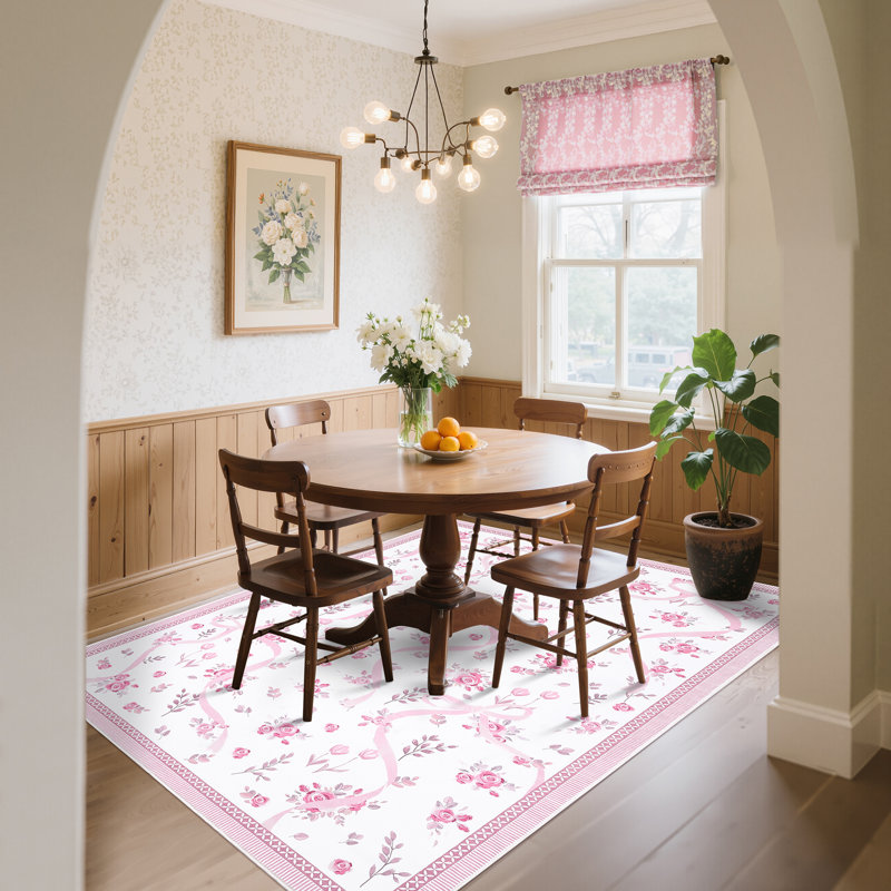 Washable Area Rug Bow Décor, Rectangle 5' x 7', Pink/White
