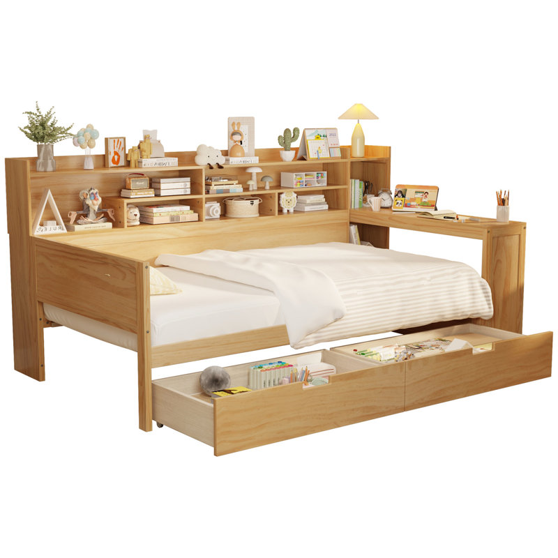 Lit de jour simple avec tablettes de rangement latérales et bureau d'étude pour les pieds, grand bureau en bois, Naturel