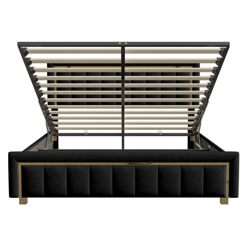 Velvet Ottoman Bed, Glam Upholstered Storage Frame With Trim, European Double (140 x 200 cm), Black