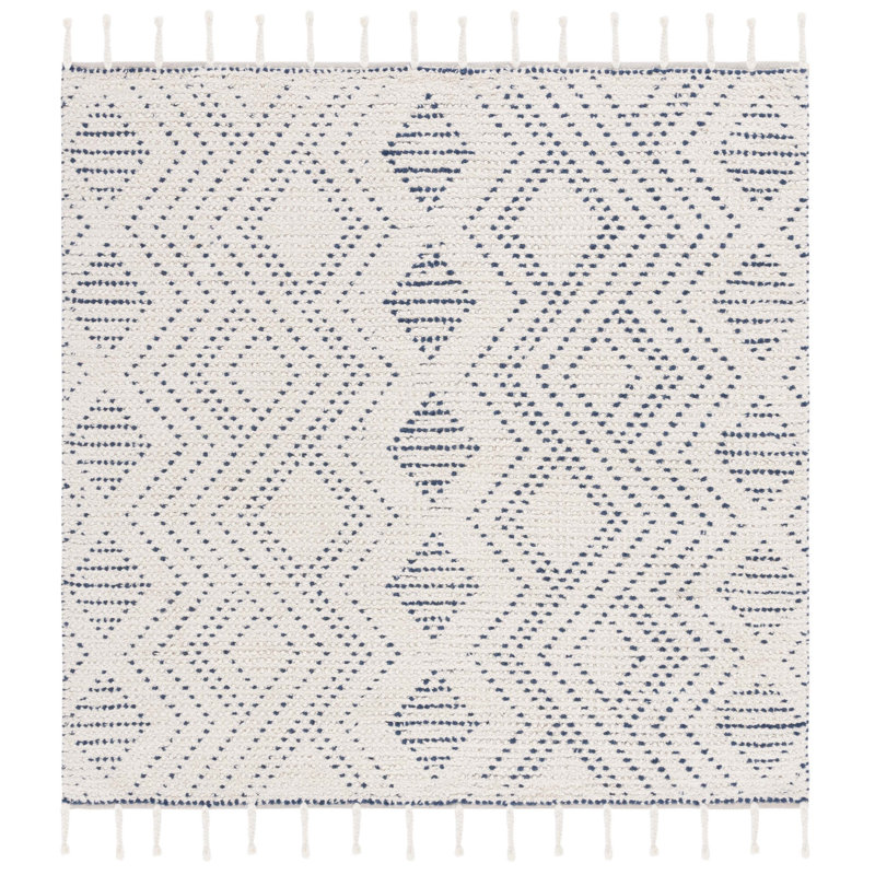 Apeksha Hand Loomed Wool/Cotton Geometric Rug in Blue/Ivory, Square 6'
