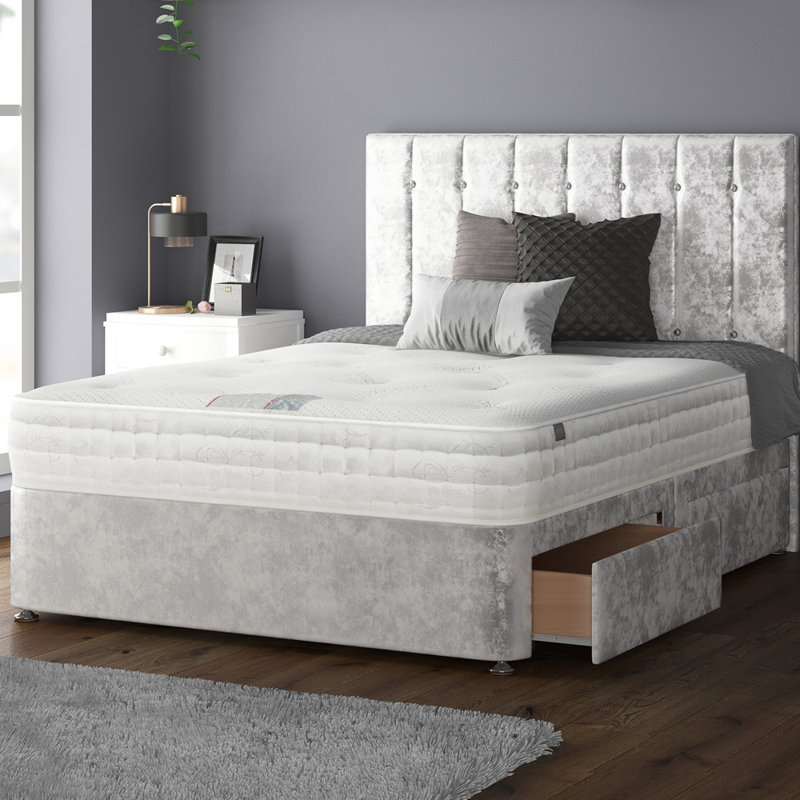 New Fairfield Upholstered Divan Bed, Small Double (4'), Silver, 4 Drawers